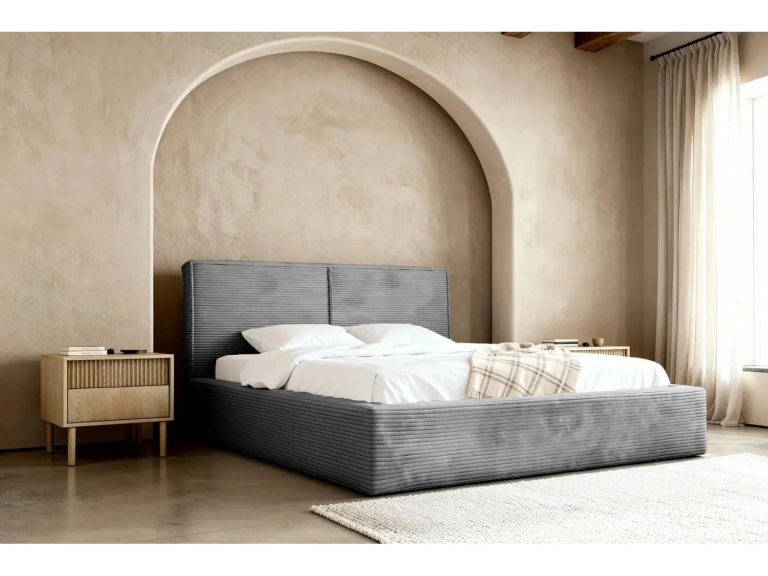 ELOISE - Lit coffre velours côtelé 180x200cm - Gris foncé