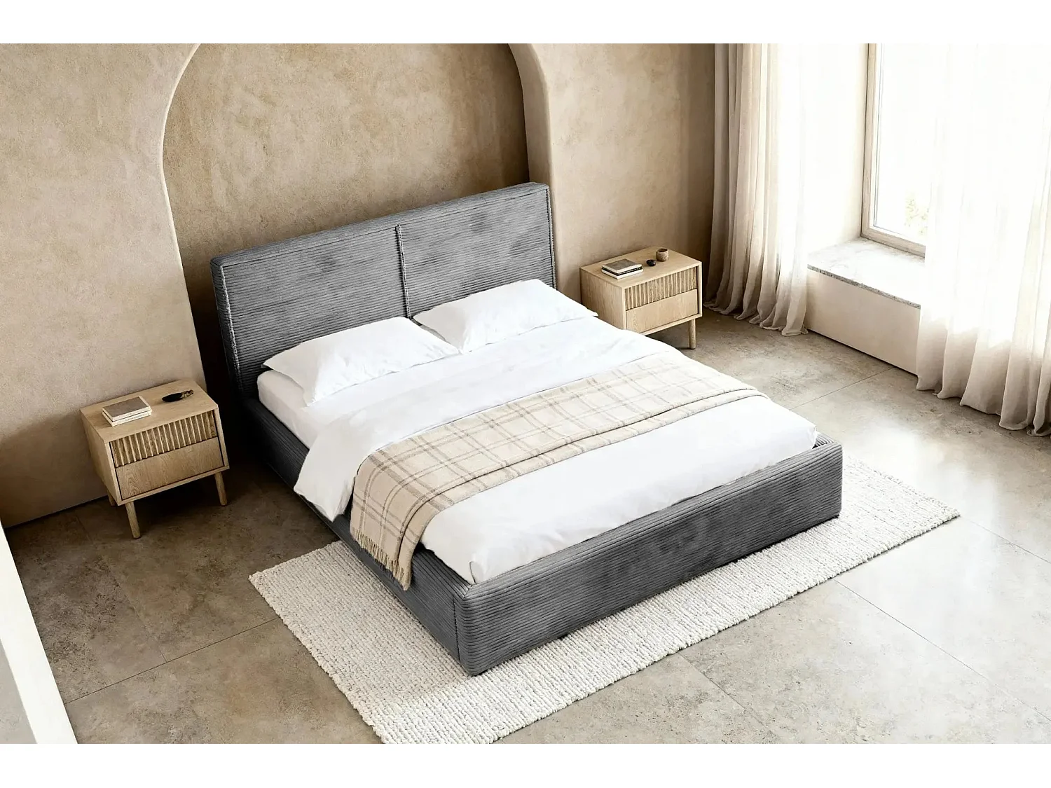 ELOISE - Lit coffre velours côtelé 180x200cm - Gris foncé