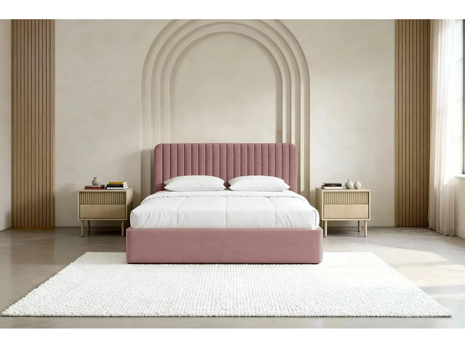 JEANNE - Lit coffre tissu velours 140x200cm - Rose