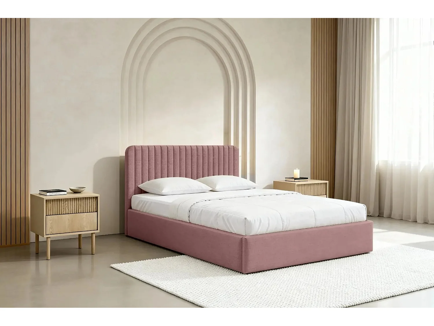 JEANNE - Lit coffre tissu velours 140x200cm - Rose