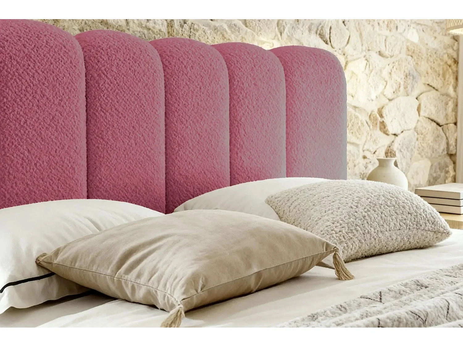 GARANCE - Lit coffre tissu chenille 180x200cm - Rose foncé