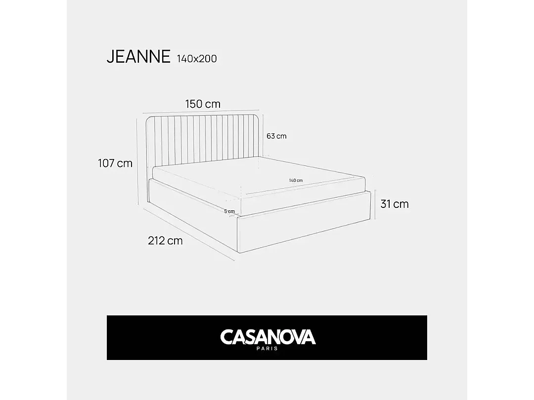 JEANNE - Lit coffre tissu velours 160x200cm - Gris foncé