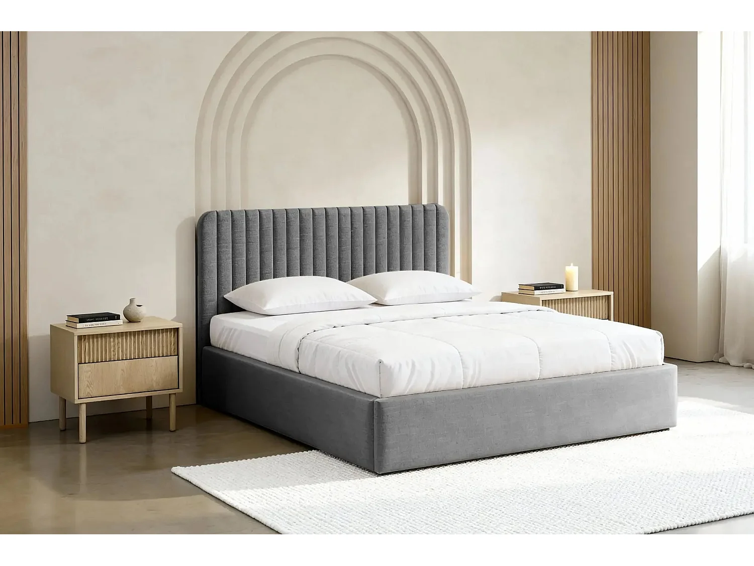 JEANNE - Lit coffre tissu velours 160x200cm - Gris foncé