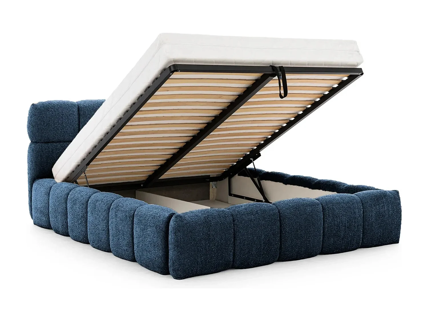 ELISE - Lit coffre tissu bouclette 180x200cm - Bleu foncé