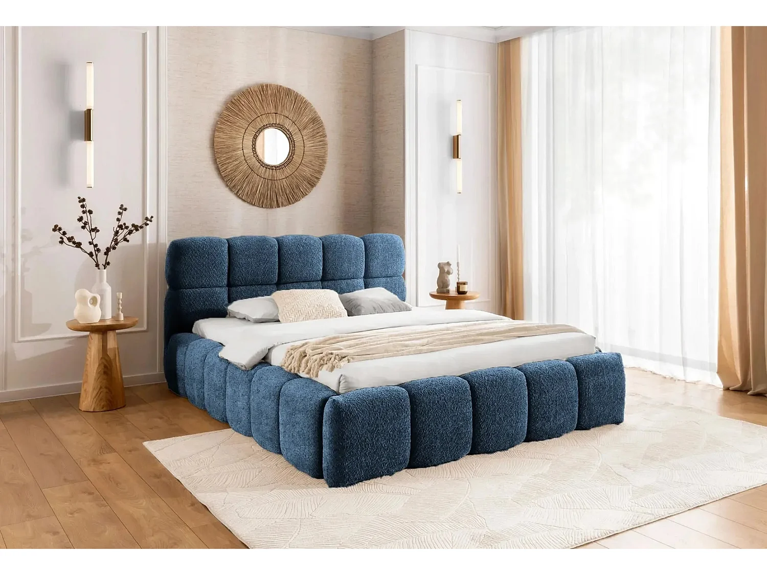 ELISE - Lit coffre tissu bouclette 180x200cm Bleu foncé