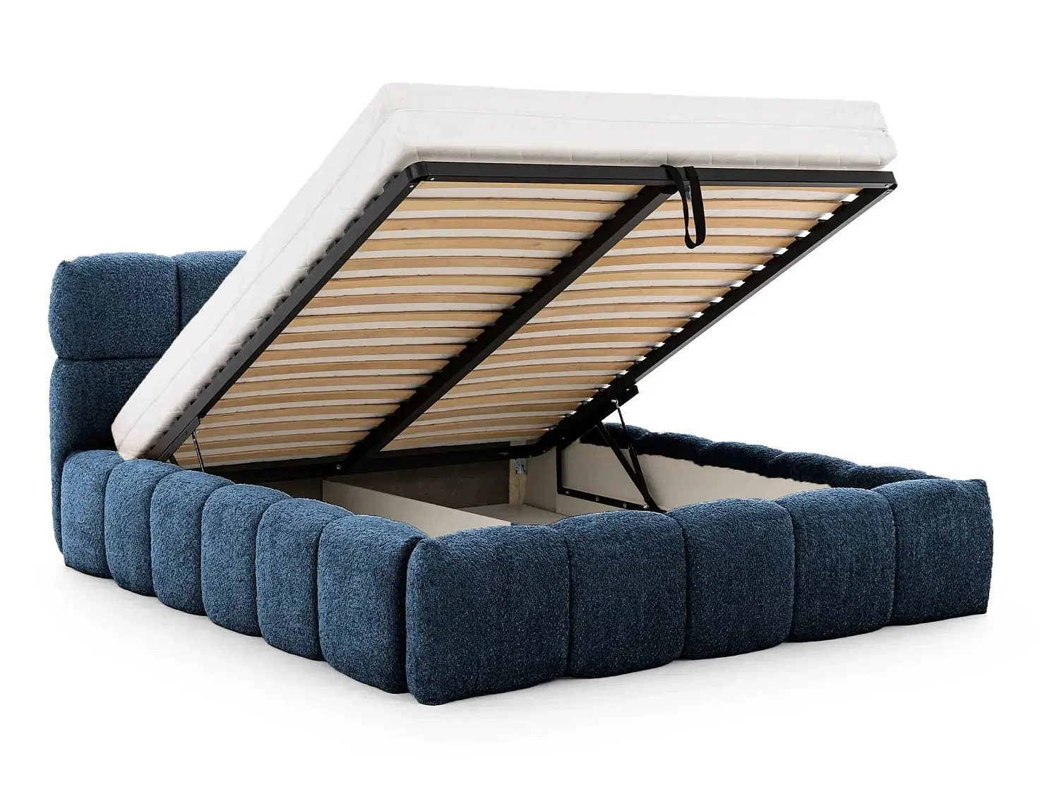 ELISE - Lit coffre tissu bouclette 180x200cm Bleu foncé
