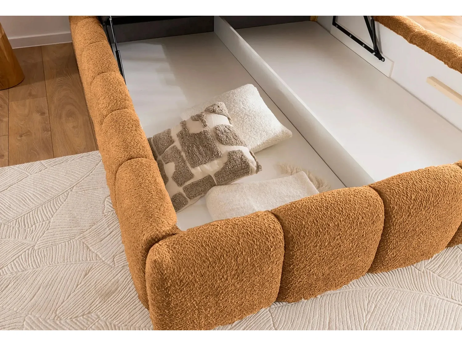 ELISE - Lit coffre tissu bouclette 160x200cm - Terracotta