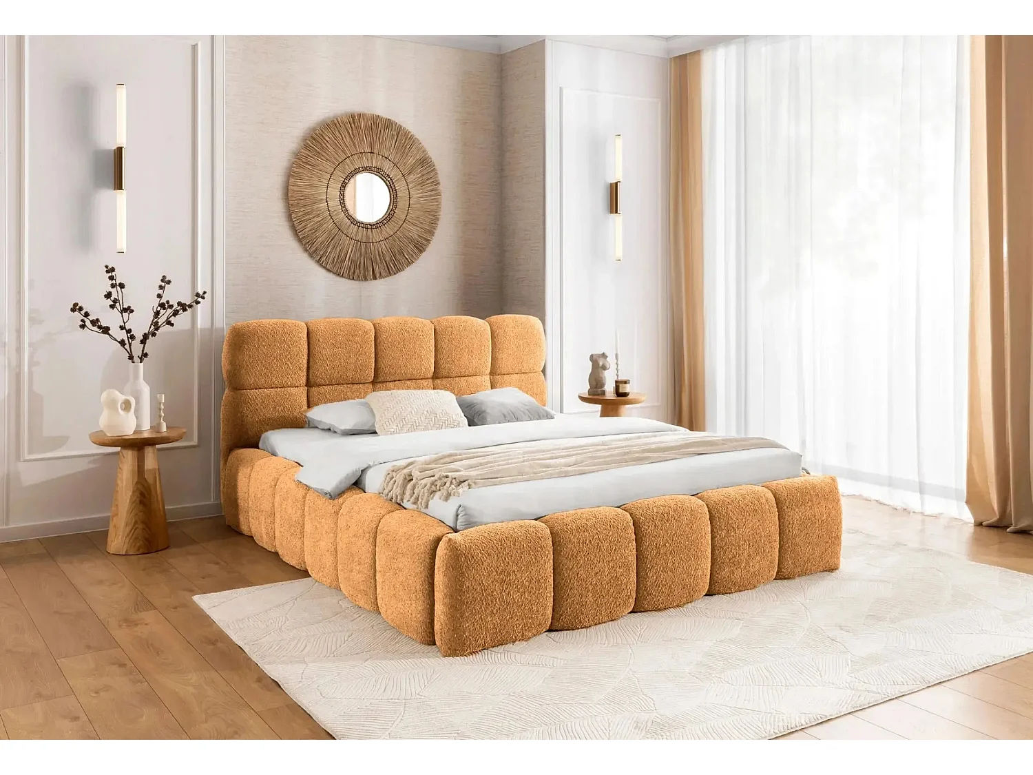 ELISE - Lit coffre tissu bouclette 160x200cm Orange