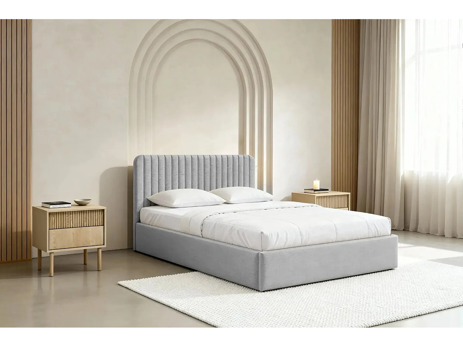 JEANNE - Lit coffre tissu velours 140x200cm - Gris clair