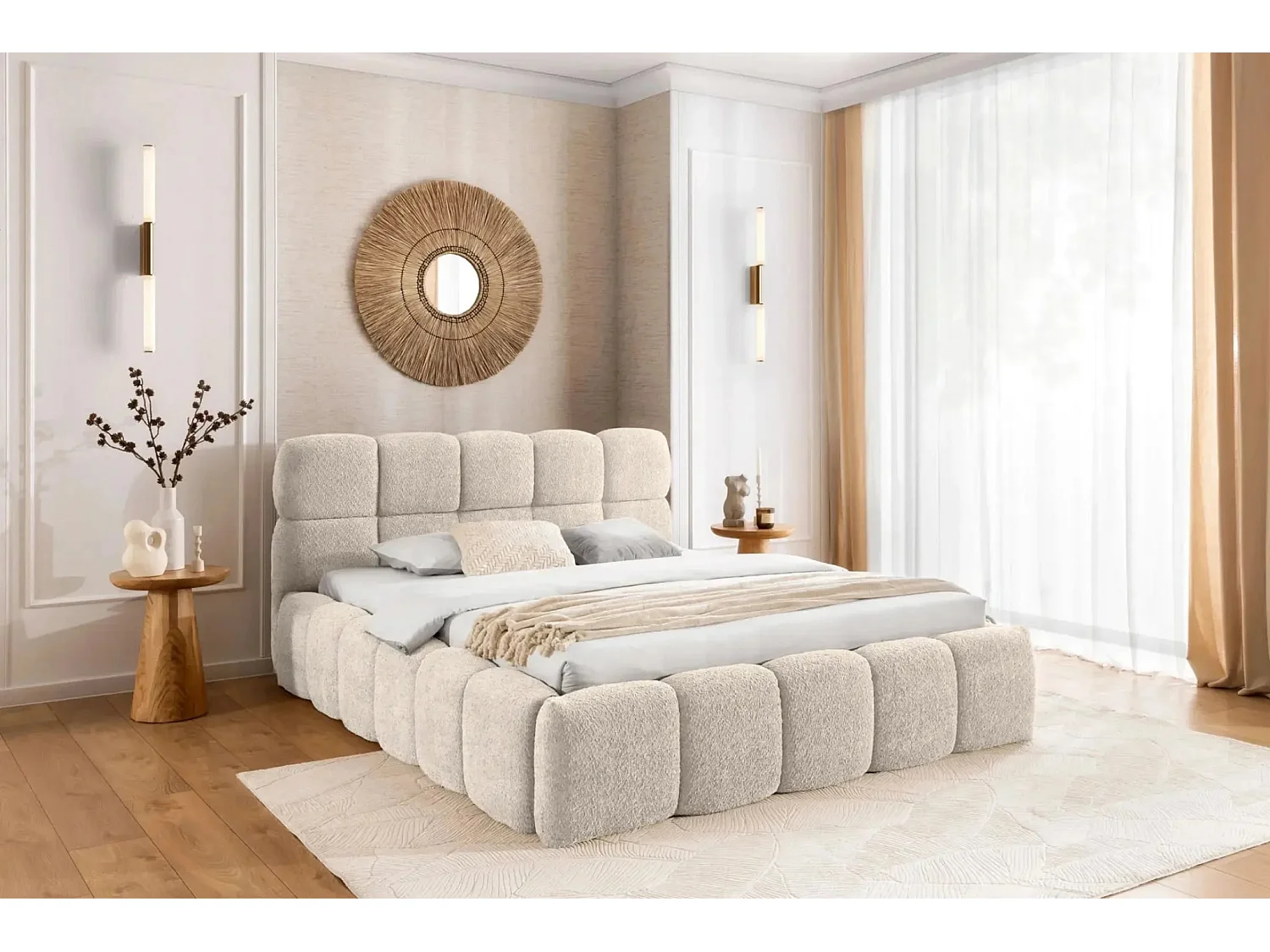 ELISE - Lit coffre tissu bouclette 180x200cm - Beige