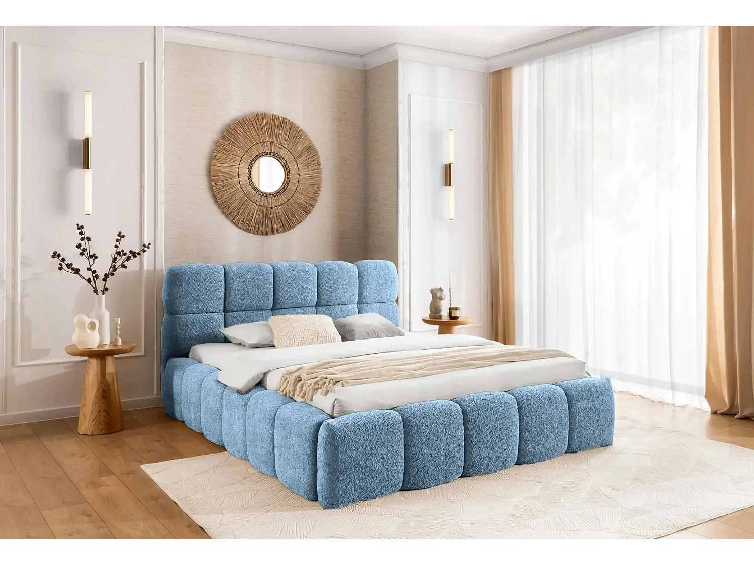 ELISE - Lit coffre tissu bouclette 140x200cm Bleu