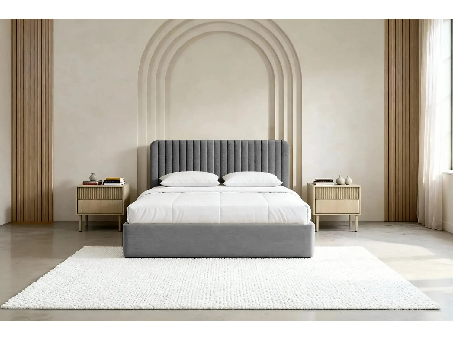 JEANNE - Lit coffre tissu velours 180x200cm - Gris foncé