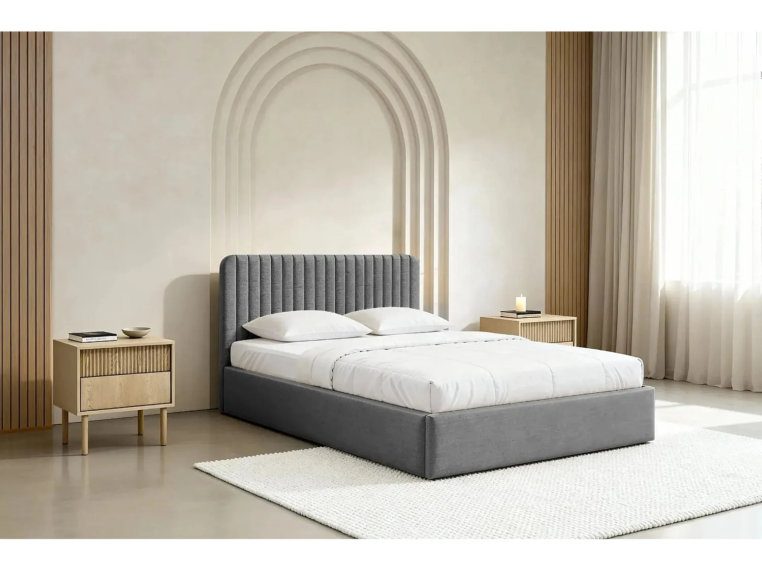 JEANNE - Lit coffre tissu velours 180x200cm - Gris foncé