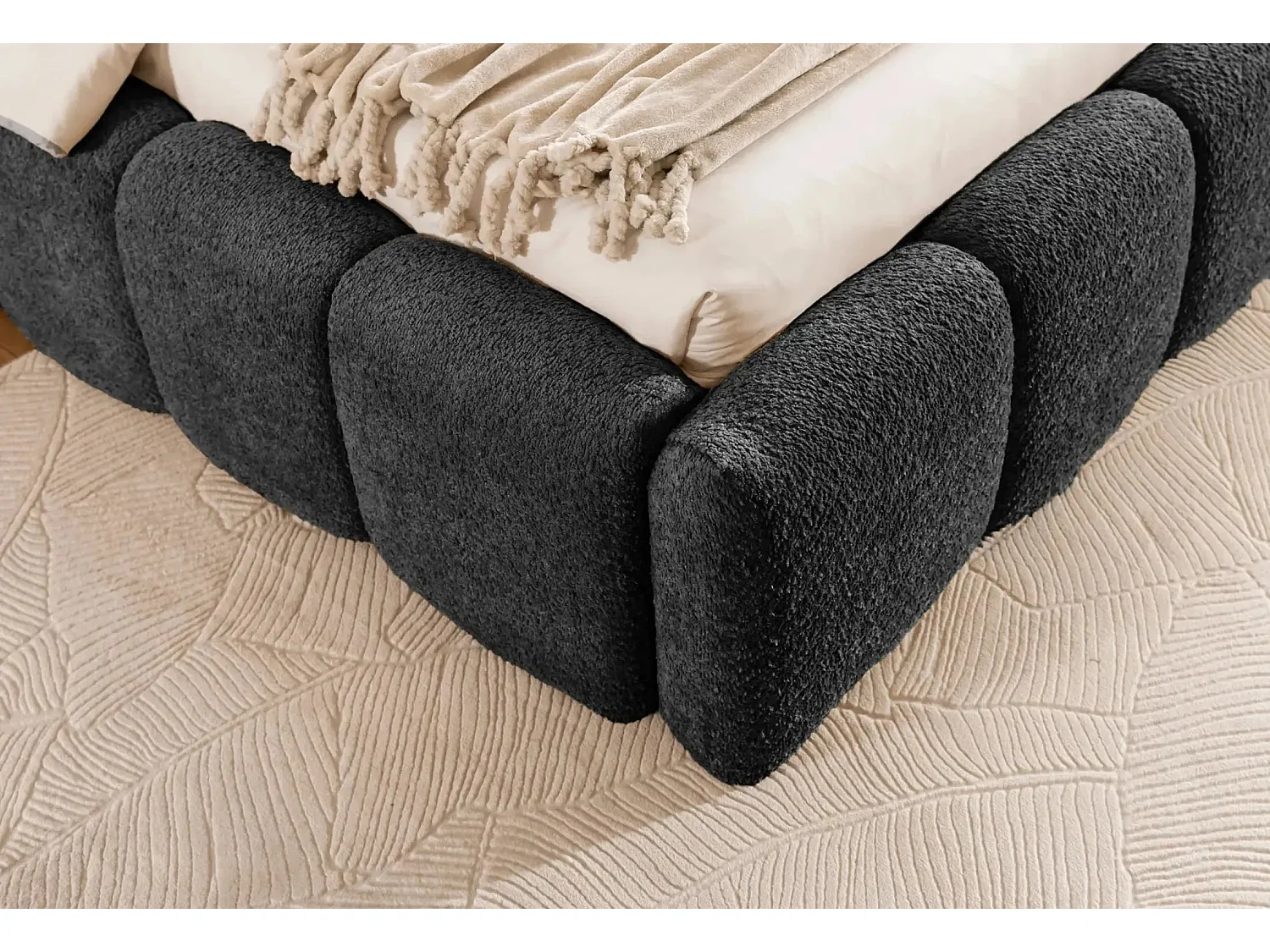 ELISE - Lit coffre tissu bouclette 160x200cm - Gris foncé