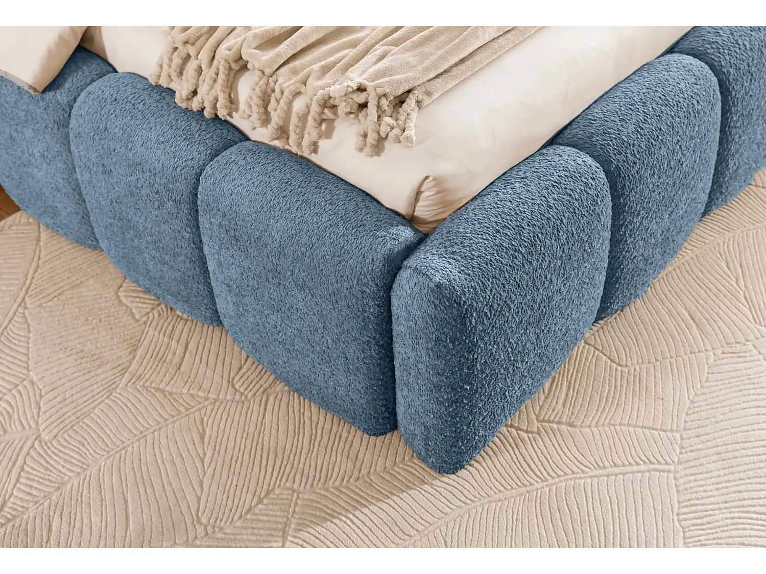 ELISE - Lit coffre tissu bouclette 160x200cm Bleu