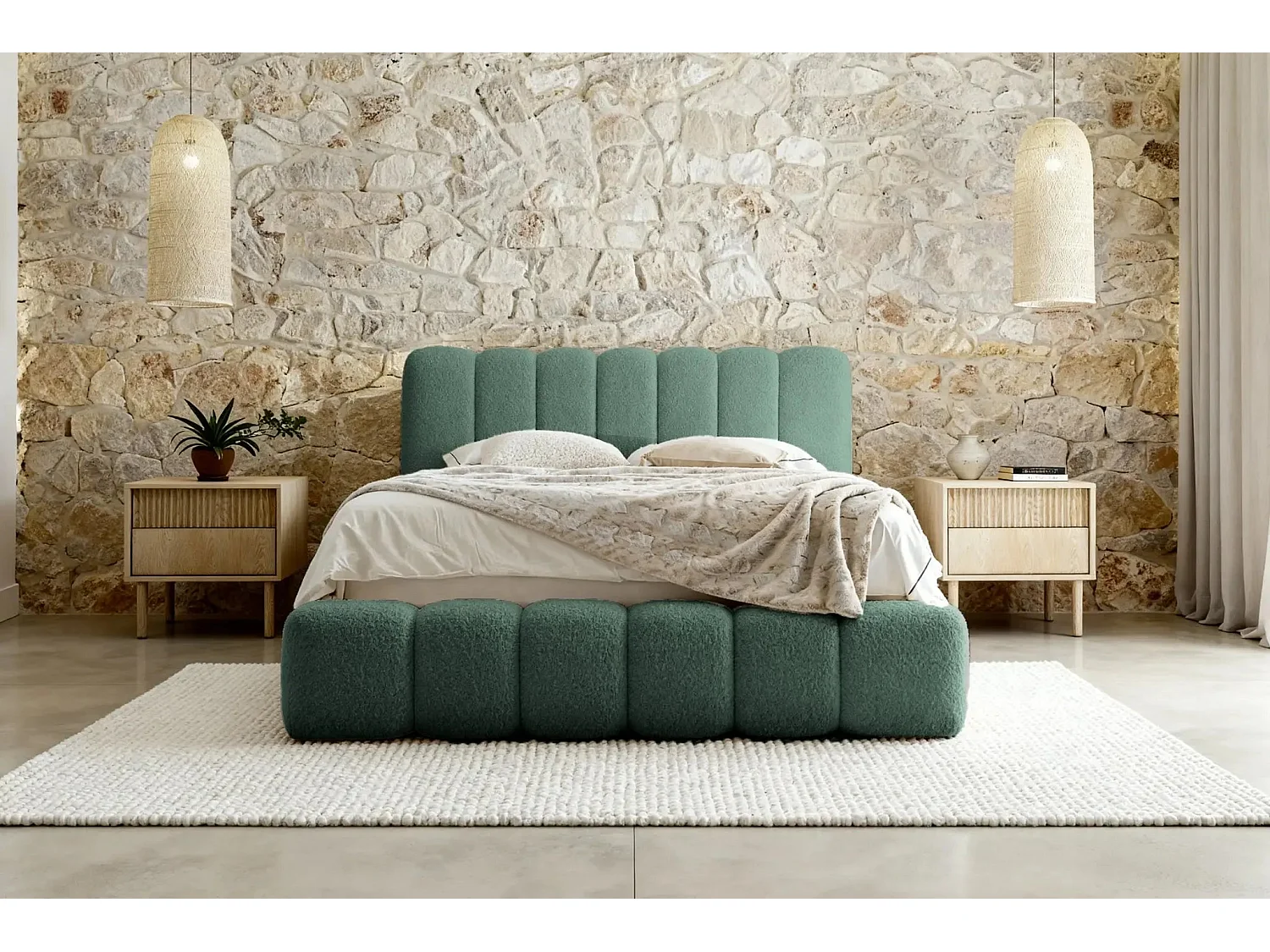 GARANCE - Lit coffre tissu chenille 140x200cm - Vert