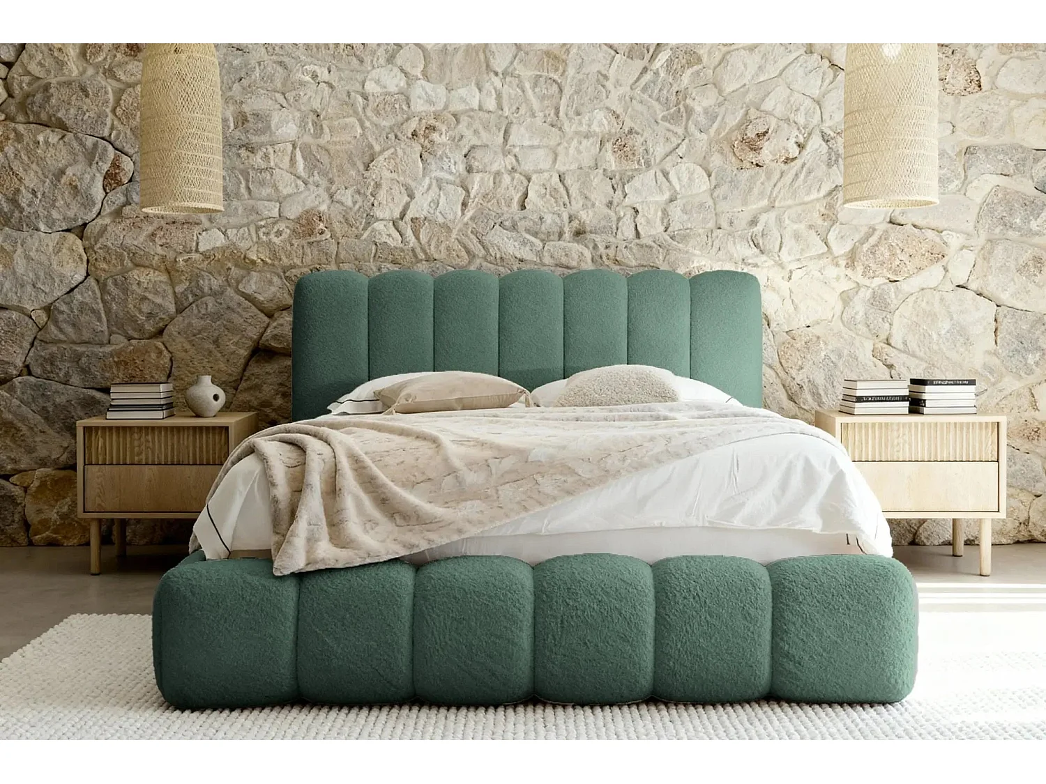 GARANCE - Lit coffre tissu chenille 140x200cm - Vert