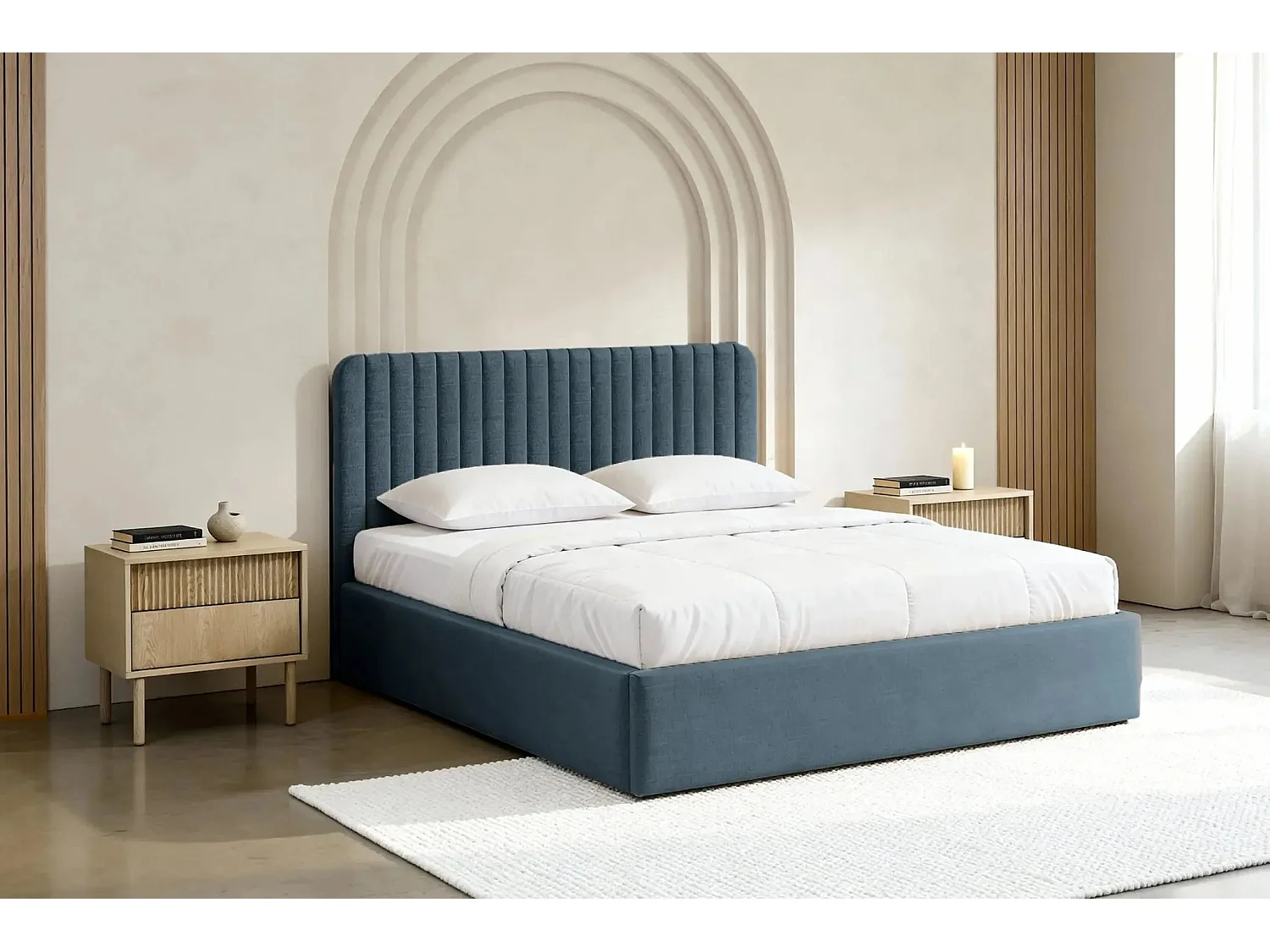 JEANNE - Lit coffre tissu velours 140x200cm - Bleu