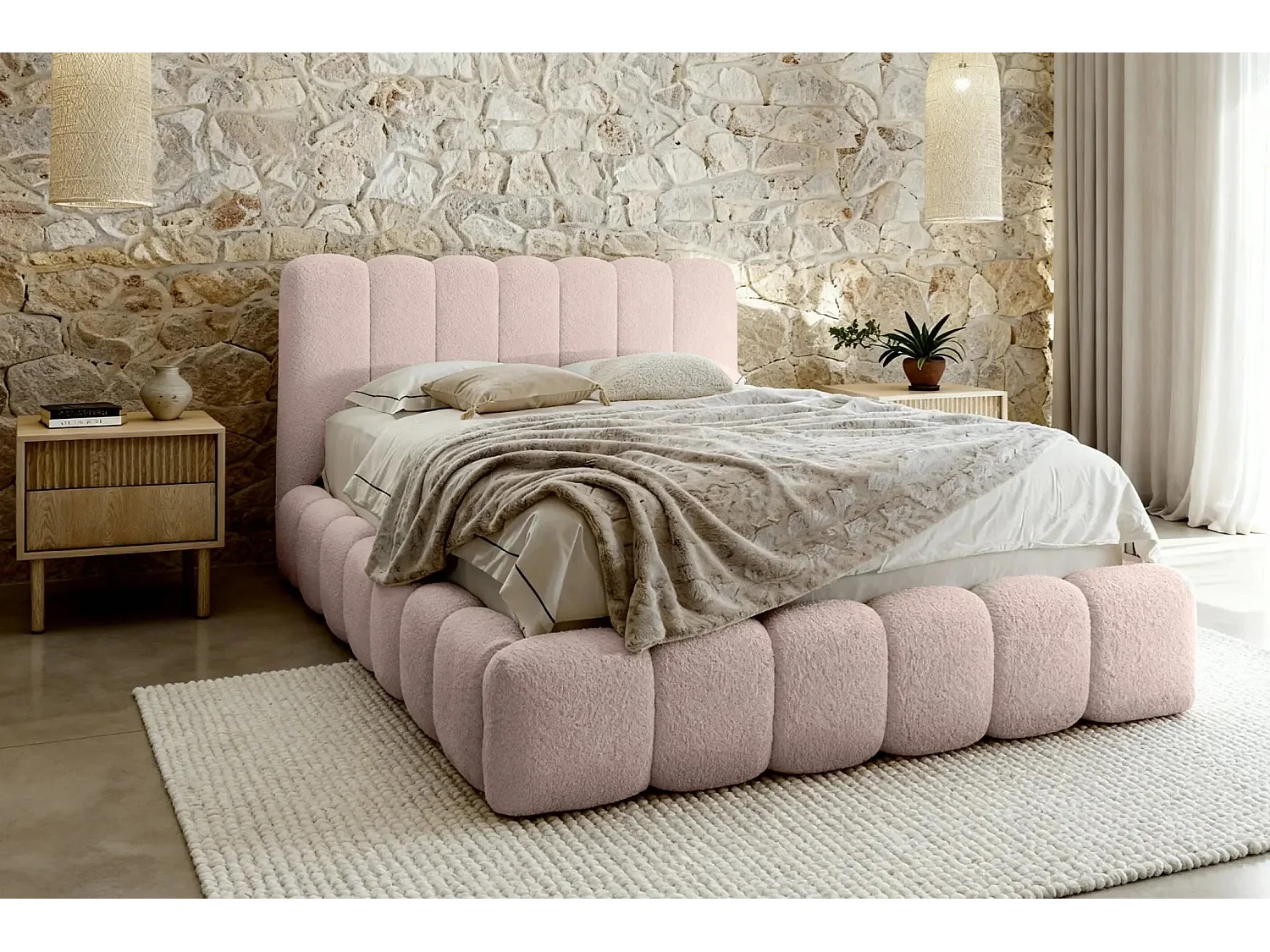 GARANCE - Lit coffre tissu chenille 140x200cm - Rose