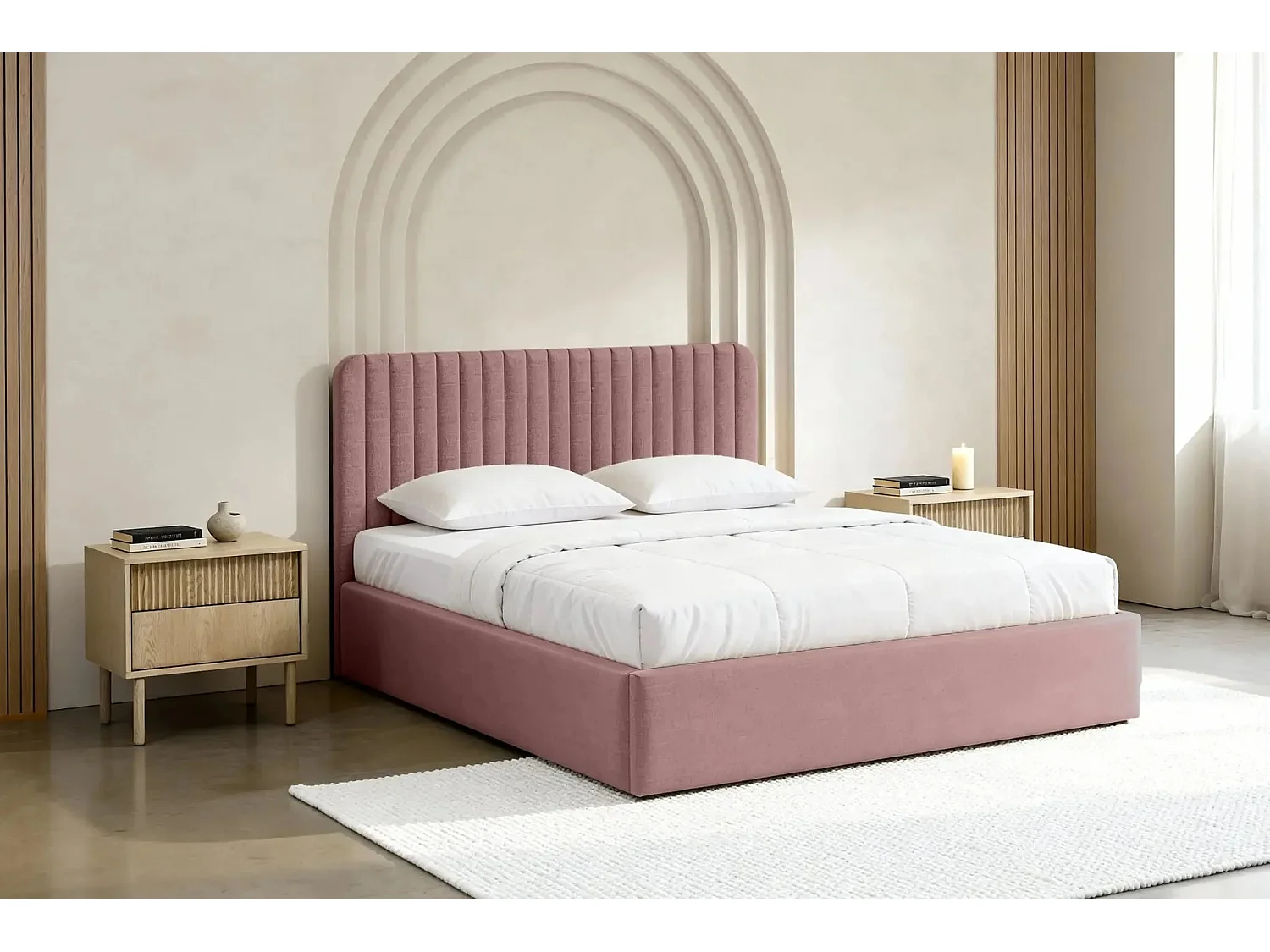 JEANNE - Lit coffre tissu velours 160x200cm - Rose