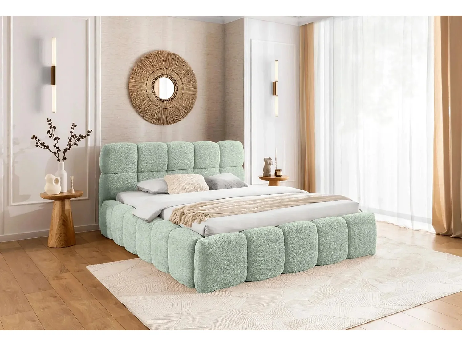 ELISE - Lit coffre tissu bouclette 140x200cm Vert eau