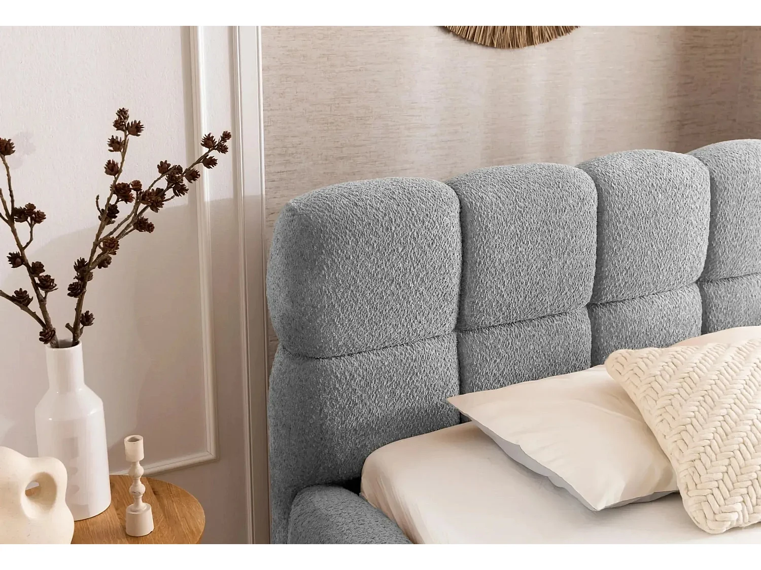 ELISE - Lit coffre tissu bouclette 140x200cm - Gris clair