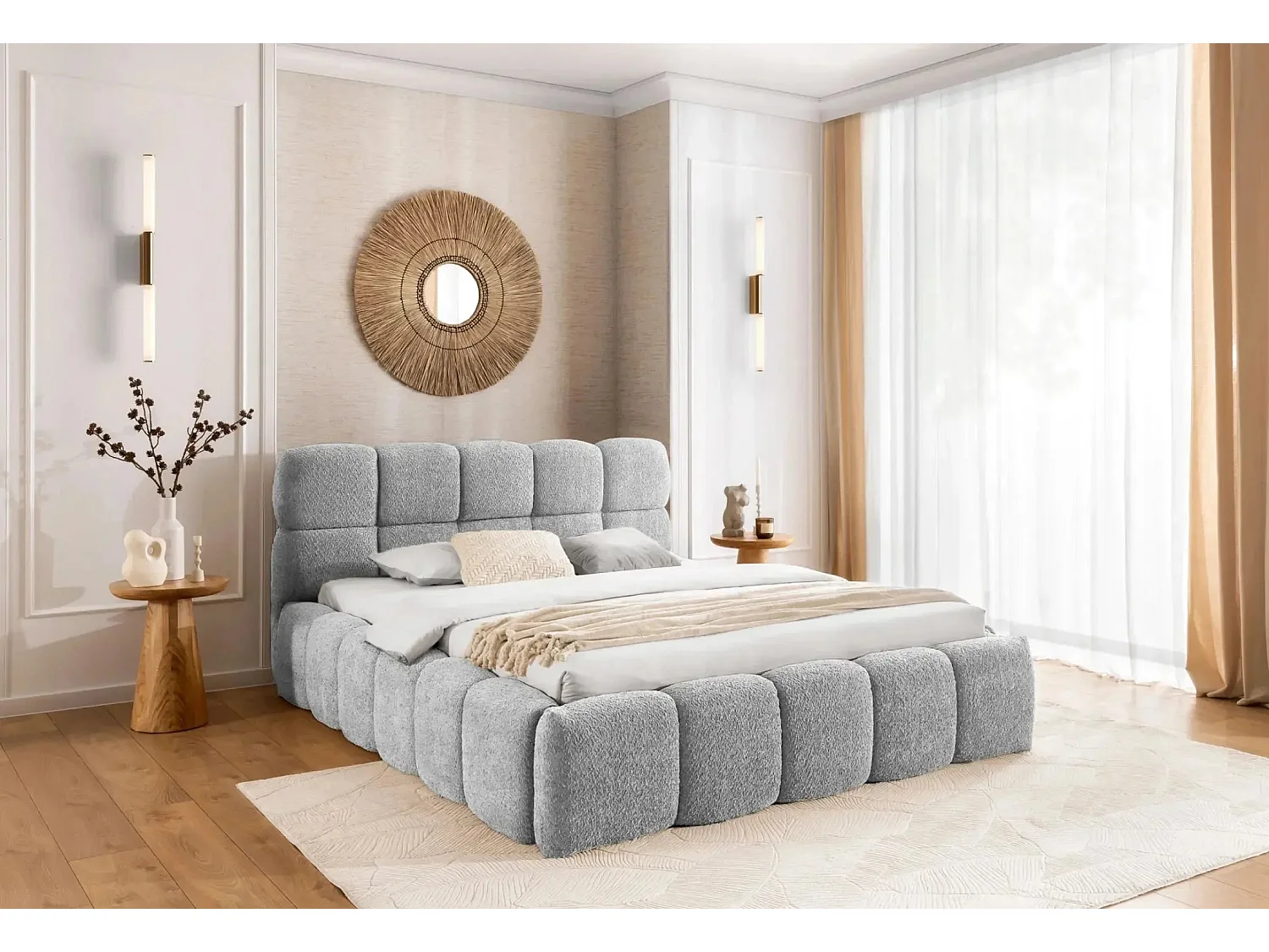 ELISE - Lit coffre tissu bouclette 140x200cm Gris clair