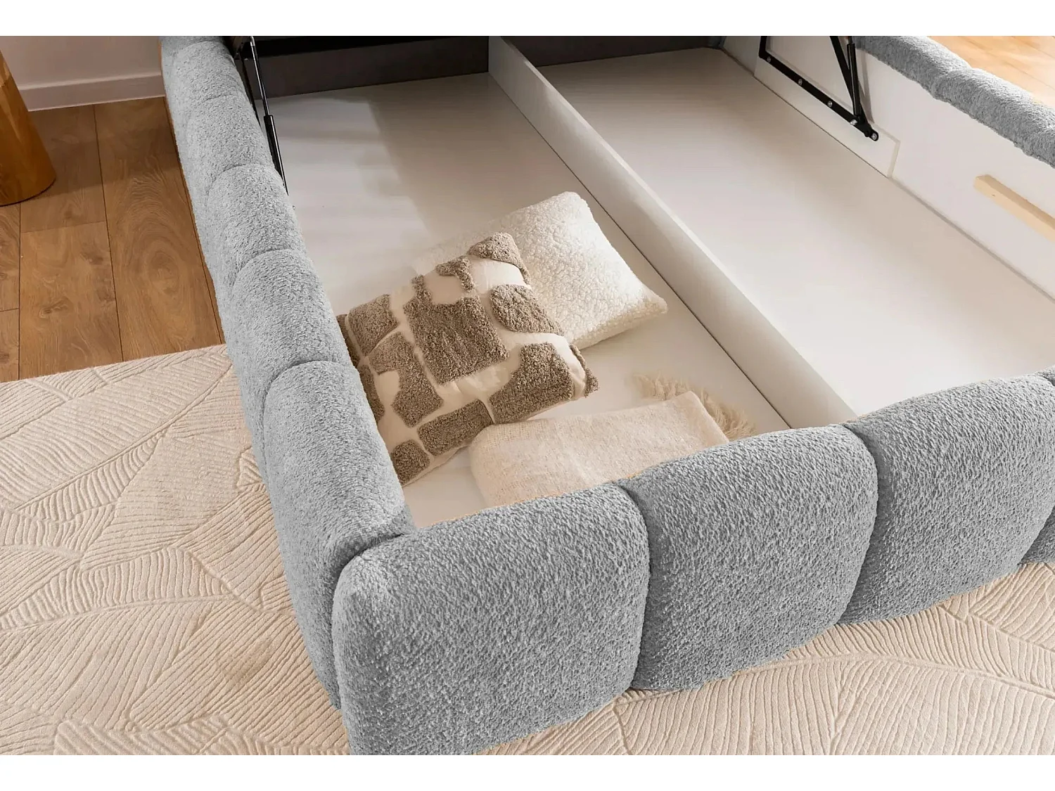 ELISE - Lit coffre tissu bouclette 140x200cm Gris clair