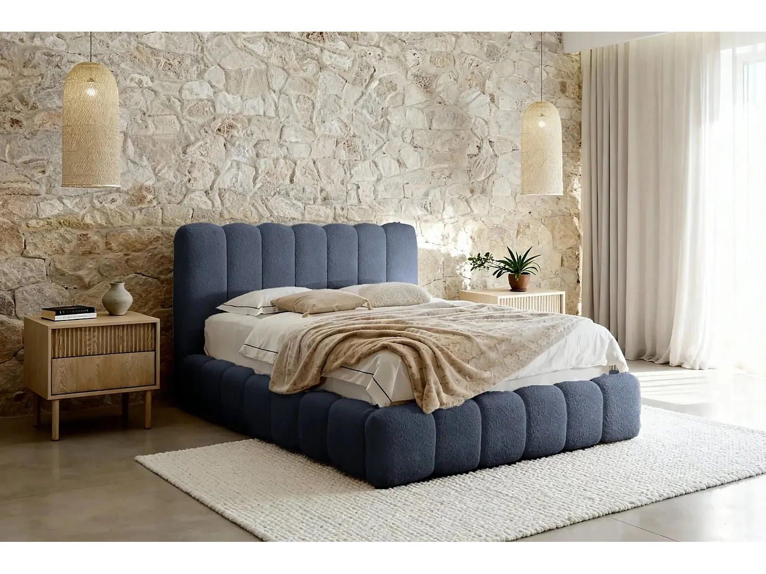 GARANCE - Lit coffre tissu chenille 180x200cm - Bleu