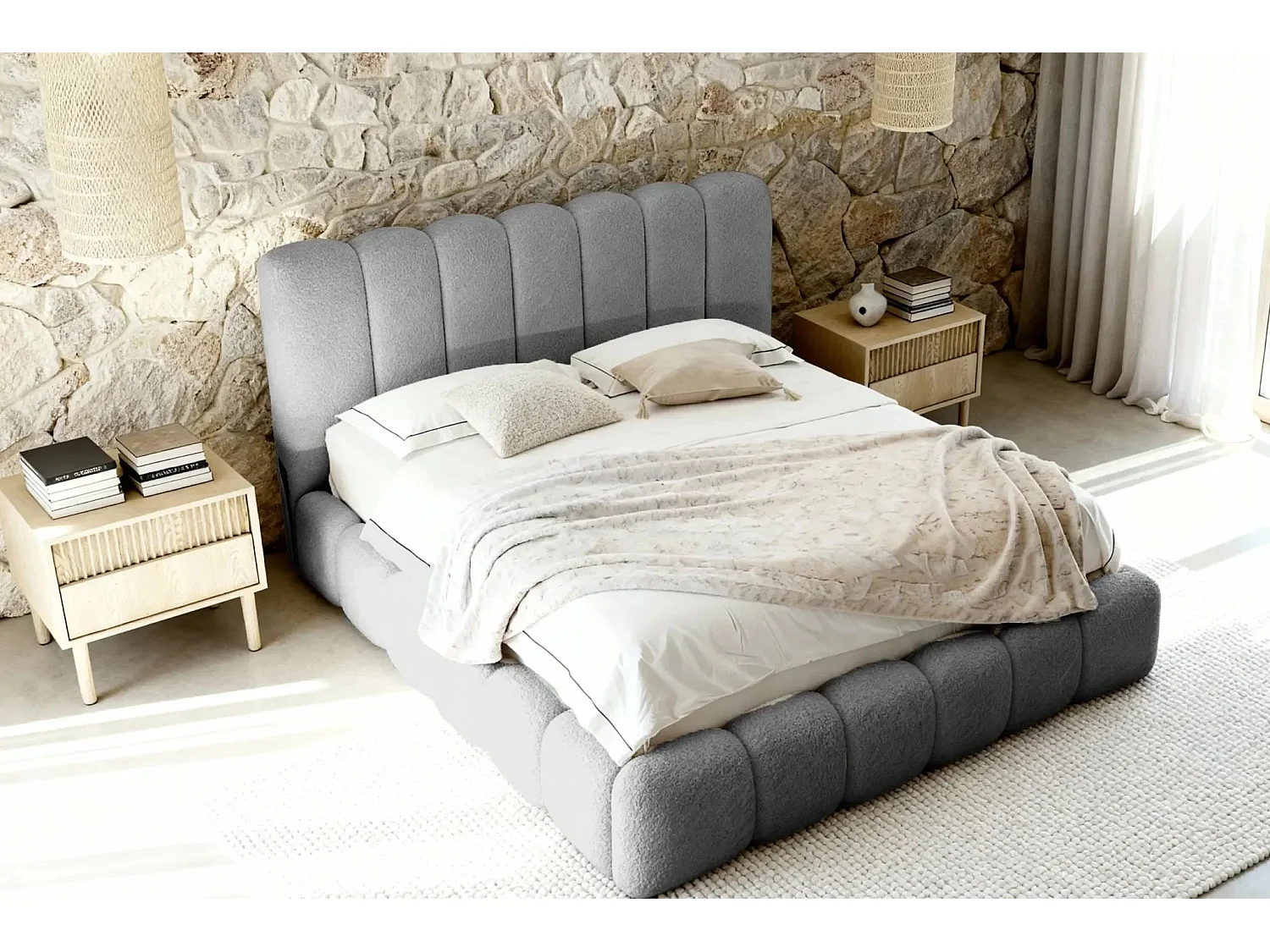 GARANCE - Lit coffre tissu chenille 140x200cm - Gris foncé