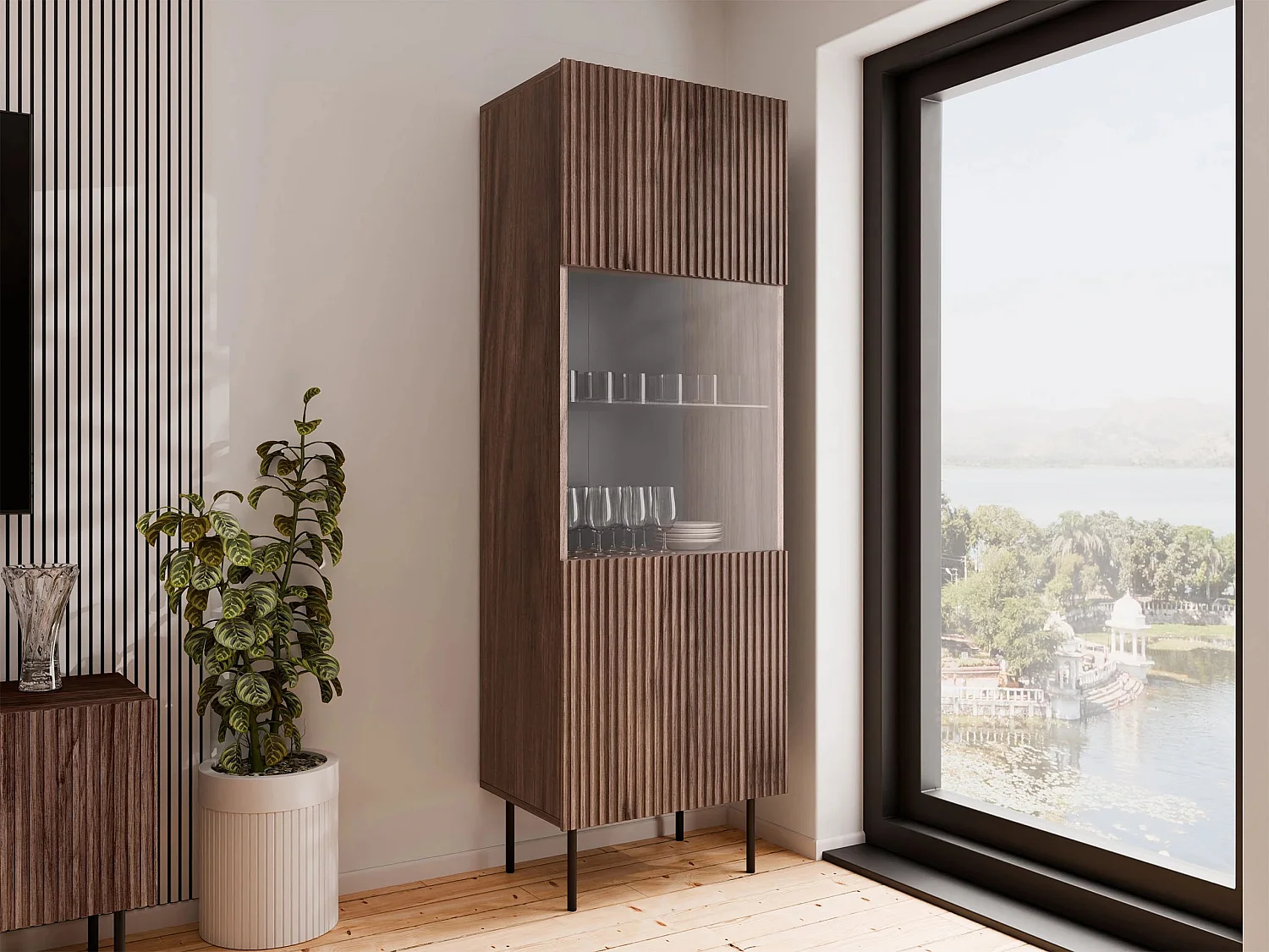 Estantería Fama, Con puertas|Cerrable, Vidrio templado|MDF|Aglomerado laminado, 183x60cm