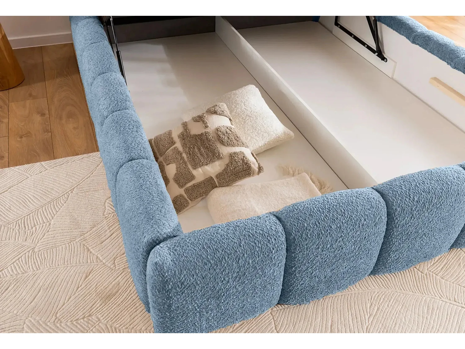 ELISE - Lit coffre tissu bouclette 180x200cm - Bleu