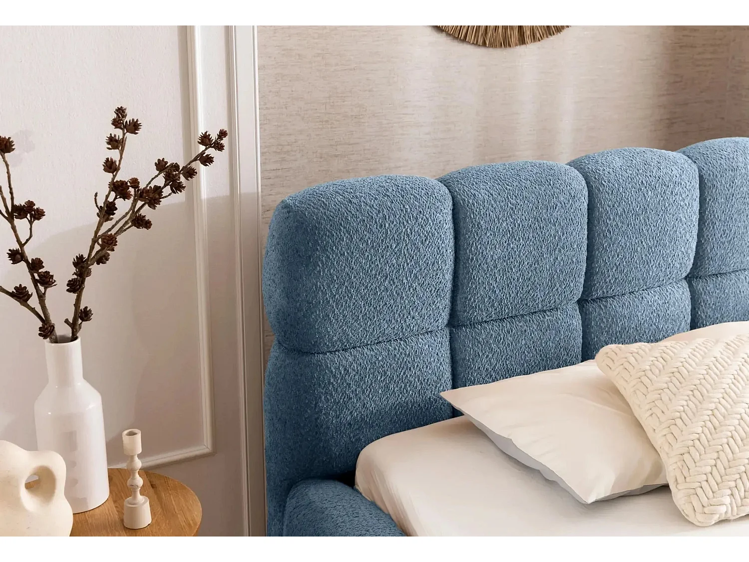 ELISE - Lit coffre tissu bouclette 180x200cm Bleu