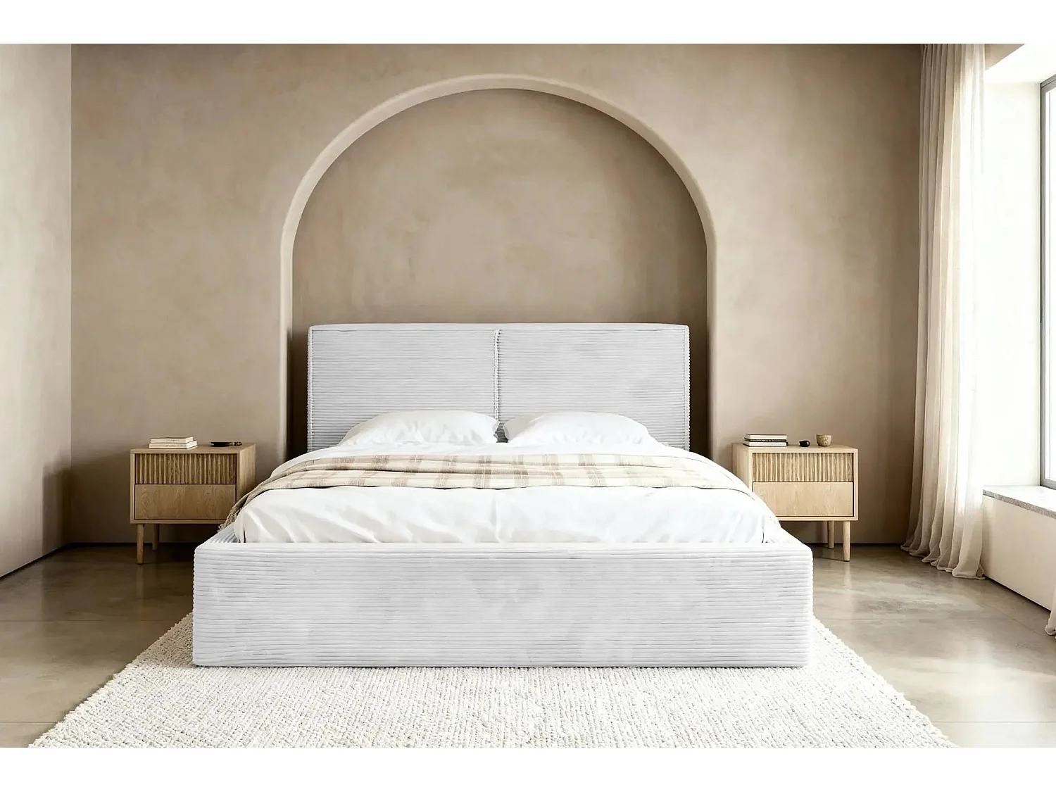 ELOISE - Lit coffre velours côtelé 140x200cm - Blanc