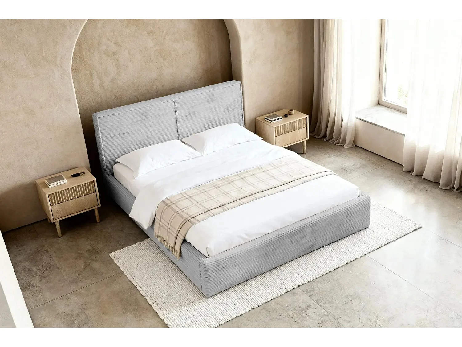 ELOISE - Lit coffre velours côtelé 160x200cm - Gris clair