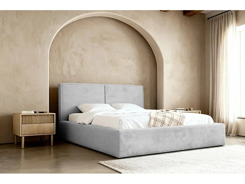 ELOISE - Lit coffre velours côtelé 160x200cm - Gris clair