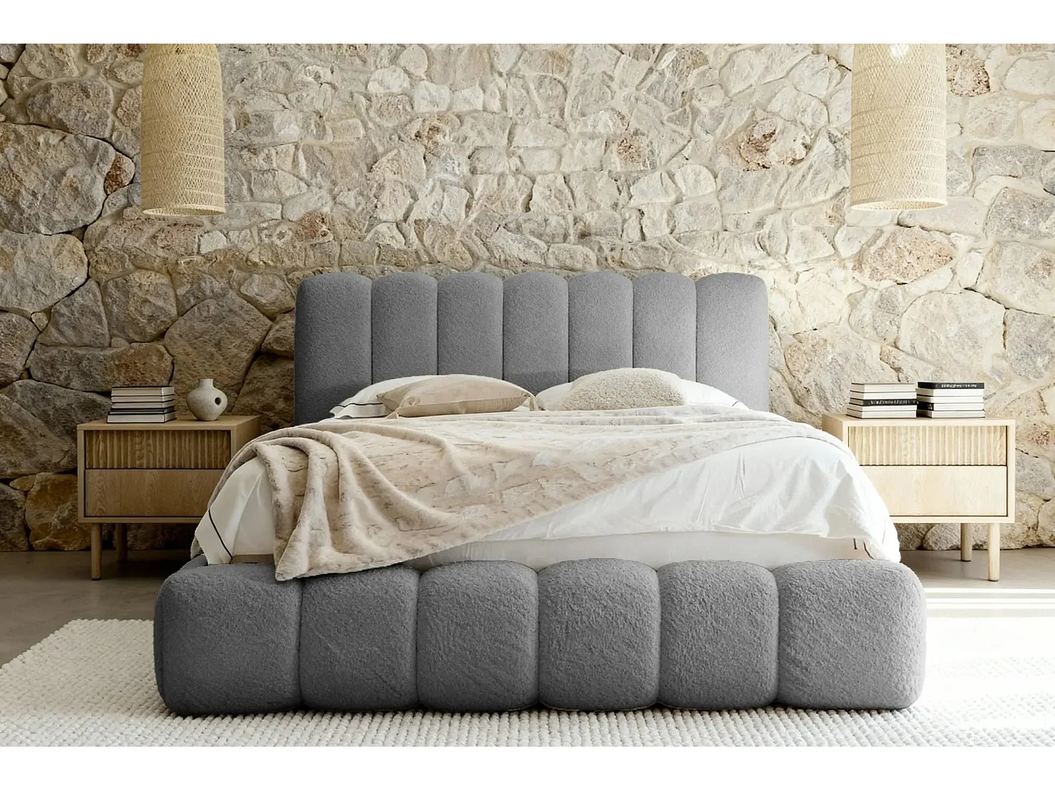 GARANCE - Lit coffre tissu chenille 160x200cm - Gris foncé