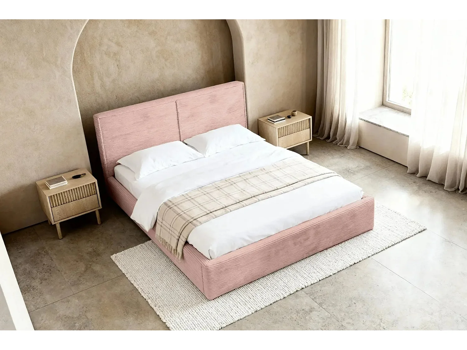 ELOISE - Lit coffre velours côtelé 140x200cm - Rose