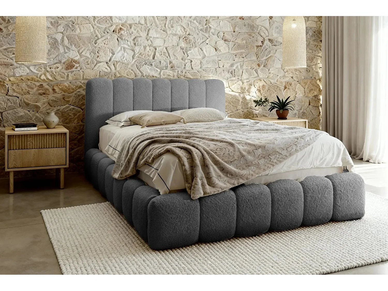 GARANCE - Lit coffre tissu chenille 180x200cm - Gris foncé