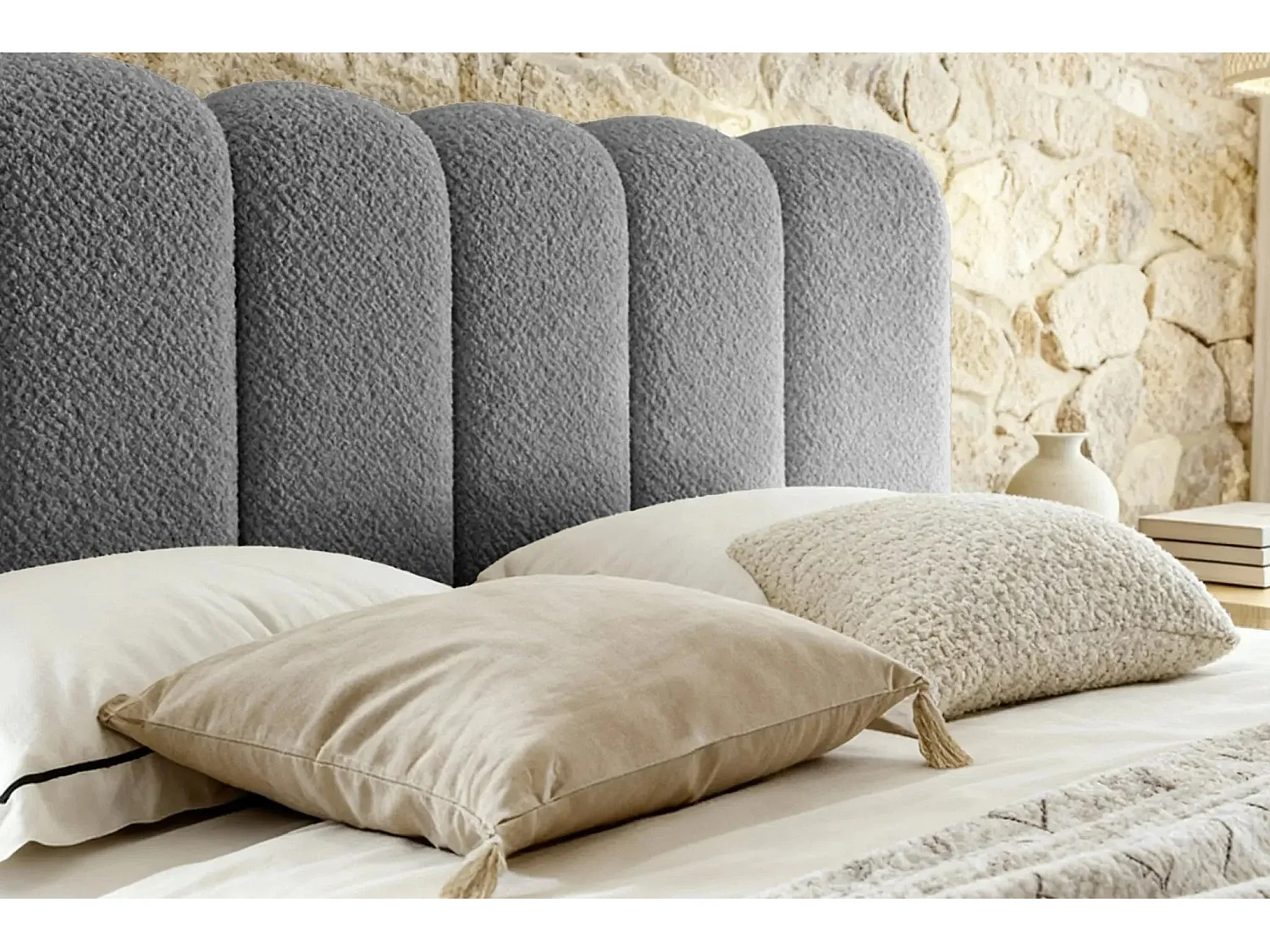 GARANCE - Lit coffre tissu chenille 180x200cm - Gris foncé
