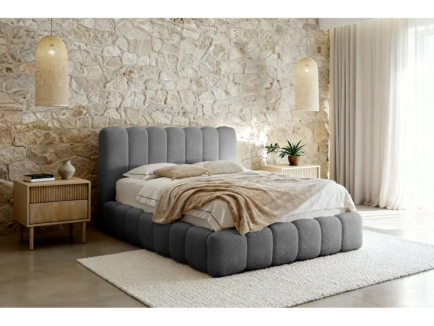 GARANCE - Lit coffre tissu chenille 180x200cm - Gris foncé
