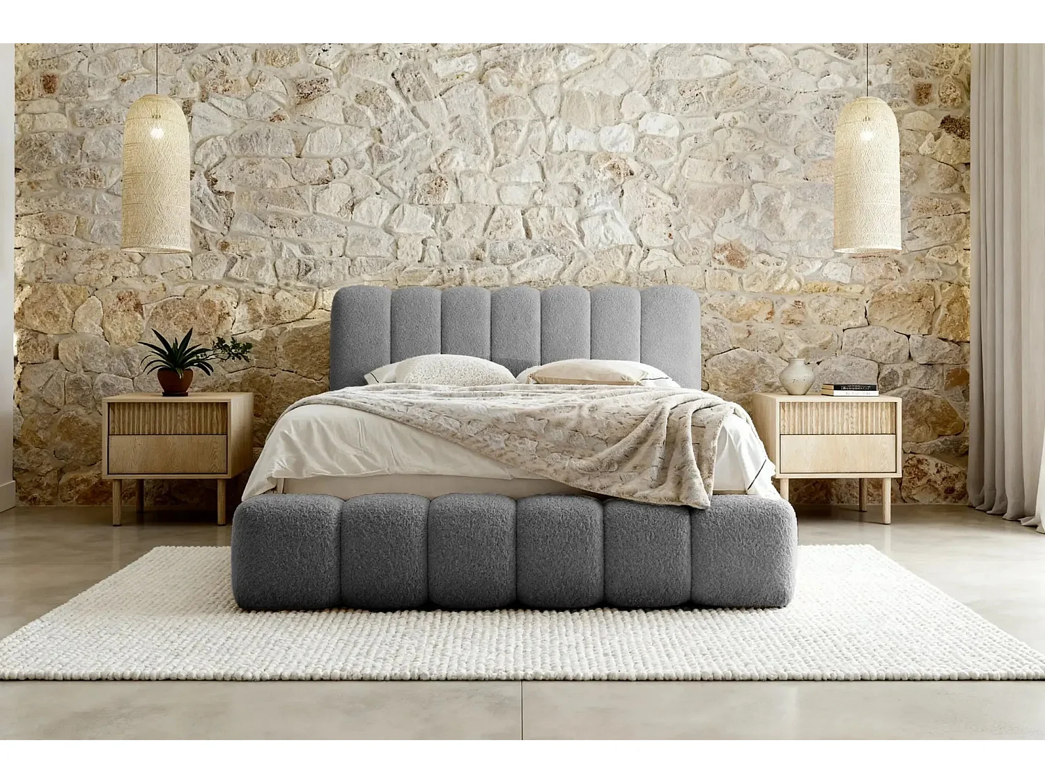 GARANCE - Lit coffre tissu chenille 180x200cm - Gris foncé