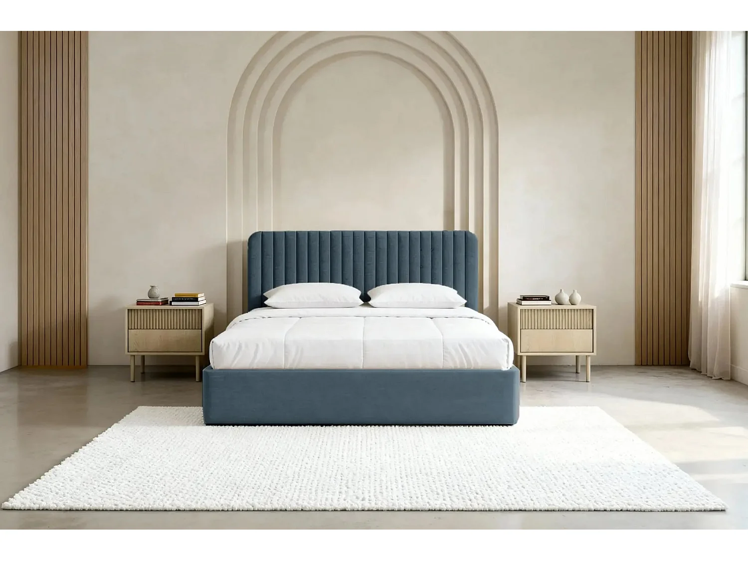 JEANNE - Lit coffre tissu velours 180x200cm - Bleu