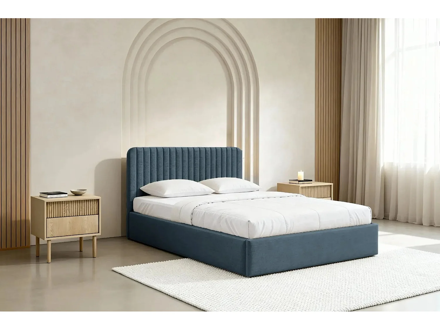 JEANNE - Lit coffre tissu velours 180x200cm - Bleu