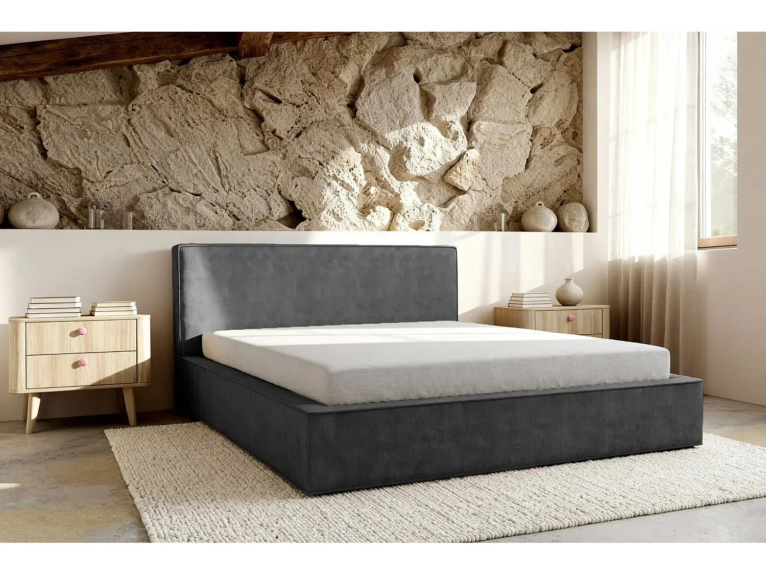 JOSEPHINE - Lit coffre 140x200cm - Gris foncé