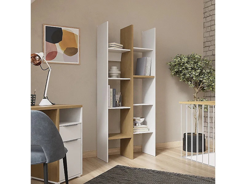 Etagère déco 6 rayons et 8 niches décor chêne et blanc mat - ACCESS