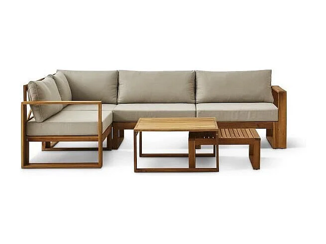 Salon de jardin en bois dAcacia FSC avec coussins gris -  BOCARNEA - 5 personnes - LEVATA