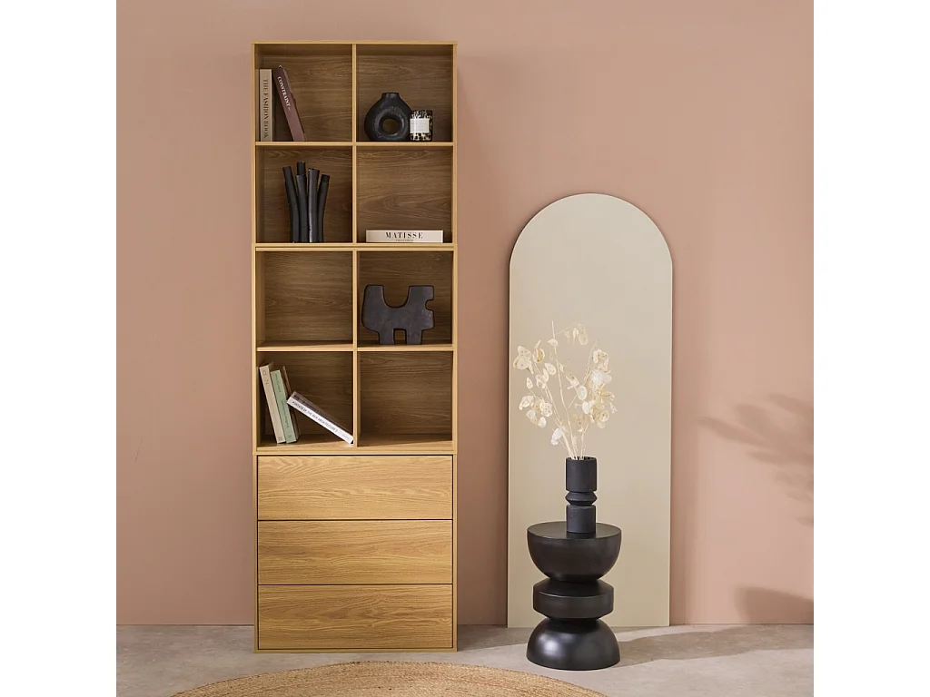 Estantería, biblioteca modular con 3 cajones y 8 nichos roble