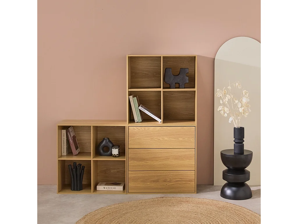 Estantería, biblioteca modular con 3 cajones y 8 nichos roble