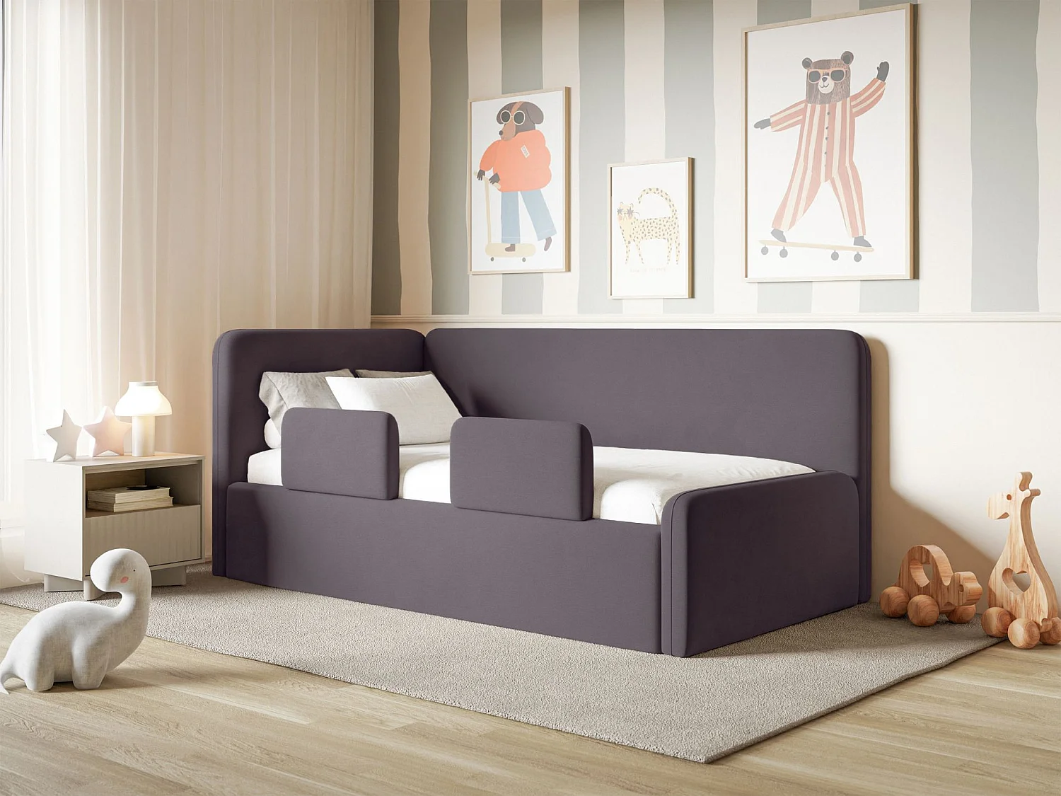 Kinderbed 90x200 met uitvalbeveiliging en hoofdbord links – velours – paars – FANKO